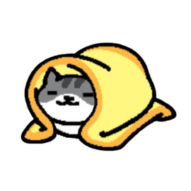 an image of pickles from neko atsume laying down with a blanket over them. their eyes are closed in content.