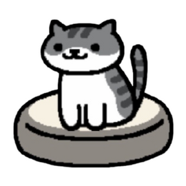 an image of pickles from neko atsume sitting upright on a grey cushion. they are looking slightly to the left.
