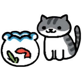 an image of pickles from neko atsume, they are looking at a goldfish in a bowl.