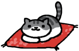 an image of pickles from neko atsume sitting on a red pillow. they are looking at the camera.